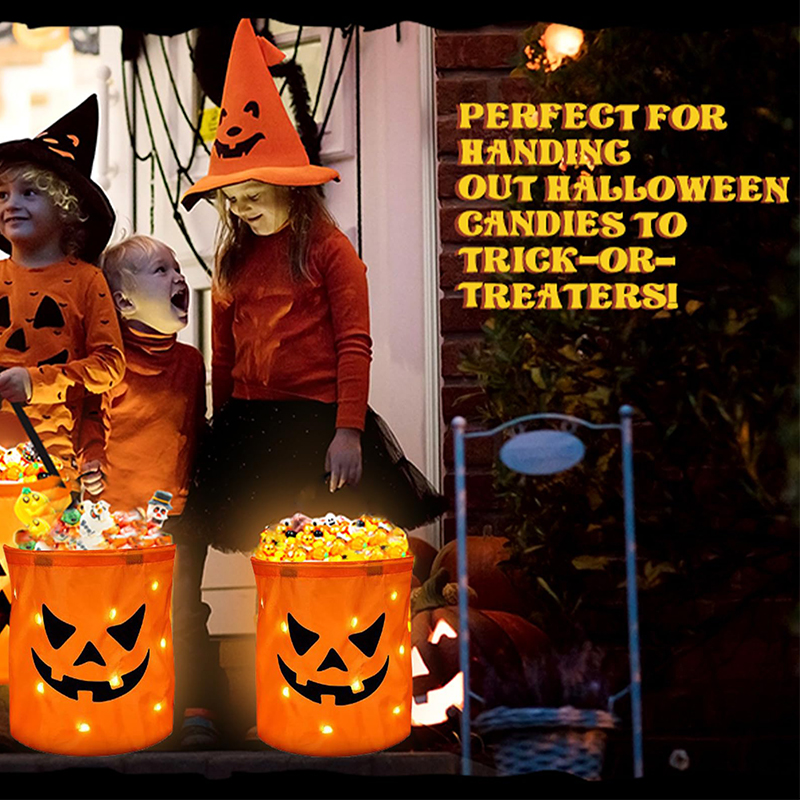 Light Led Up Halloween Trick Or Treat Bucket Pumpkin Candy Large Bags - image 5