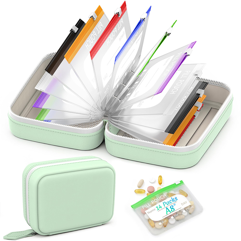 A8 Waterproof Pill Pouch Set, Pill Pouches For Travel With 14 Color Pouches - Green - 5.91 × 4.33 × 2.36 in - image 1