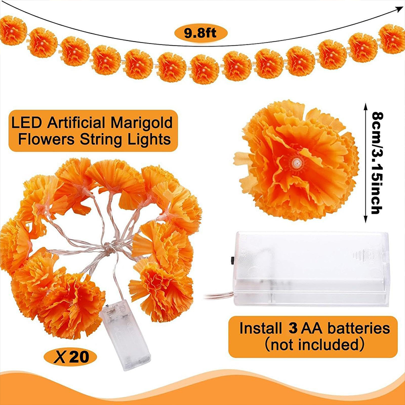 Artificial Marigold Flowers Home Decor Orange Fairy Curtain Lights Battery Operated - Orange - 3 m String Light – 20 LEDs (Steady & Flashing Effects) - image 4