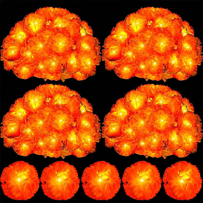 Artificial Marigold Flowers Home Decor Orange Fairy Curtain Lights Battery Operated - image 2