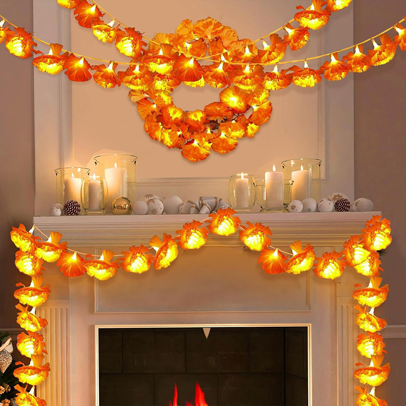 Artificial Marigold Flowers Home Decor Orange Fairy Curtain Lights Battery Operated - image 1