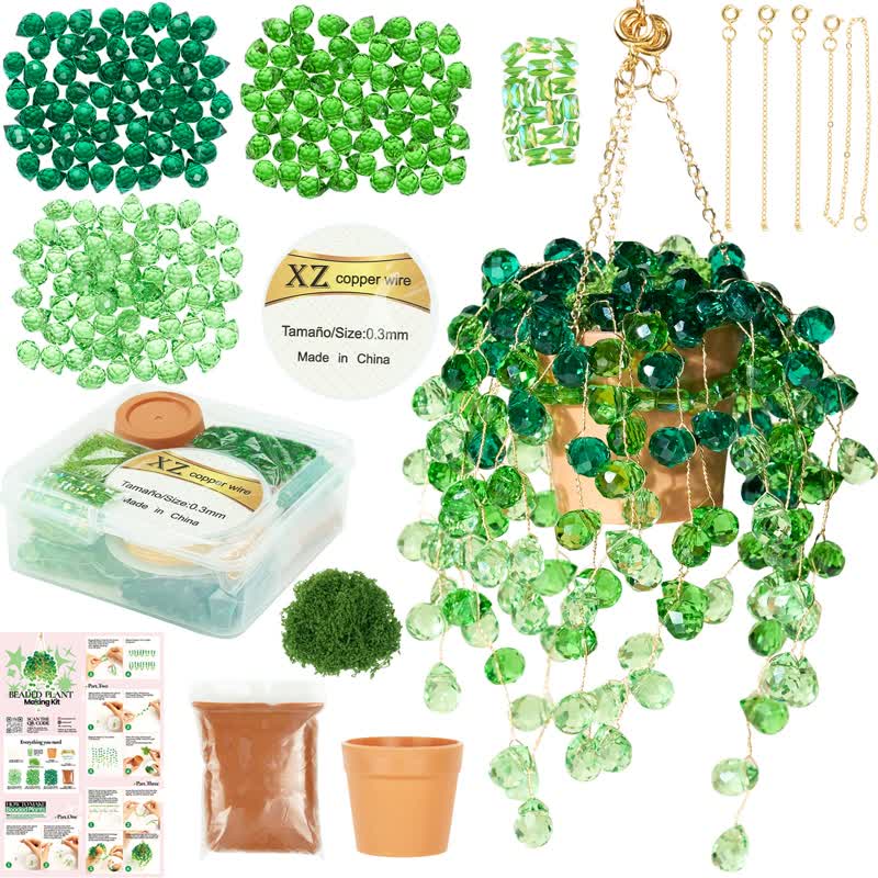 Beaded Plant Kit, Diy Hanging Suncatcher Craft Kit With Glass Crystal Beads, Pot, Chain, Faux Moss, Air Dry Clay, Instruction Bo - Green - image 1