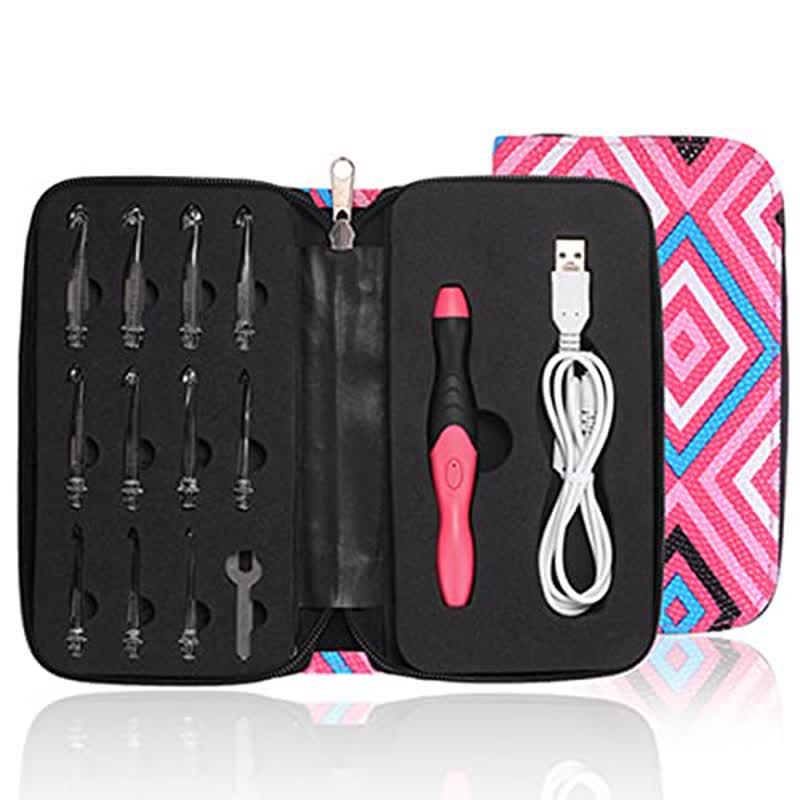 Lighted Crochet Hook Set 11 Size Interchangeable Heads 2.5mm To 8.0mm With Latest Bag, Usb Rechargeable - Red Diamond Pattern - image 1