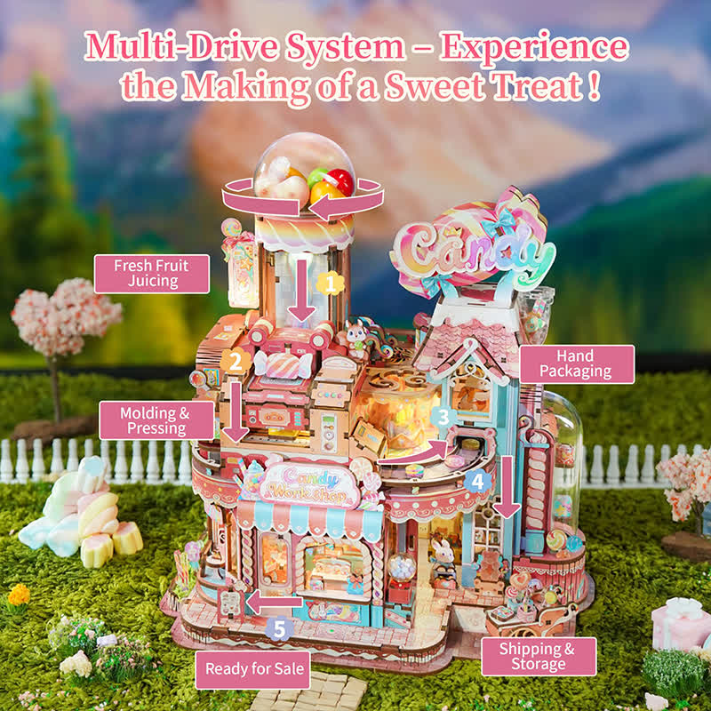 3d Wooden Puzzle For Adults- Candy Workshop, Mechanical Transmission Model Kit, Dynamic Diy Building Set With Music & Lights - image 5
