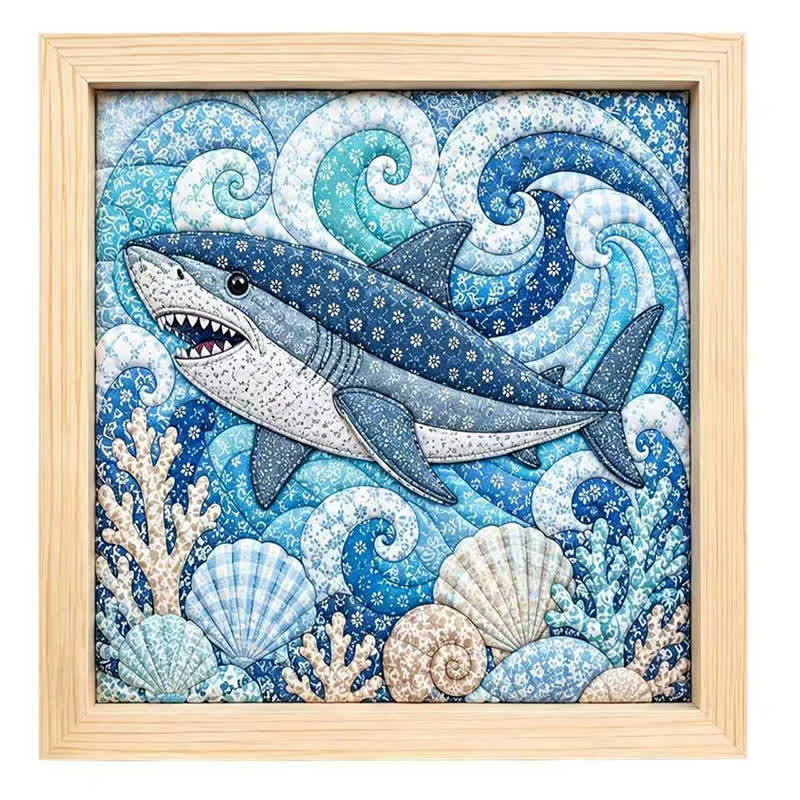 Ocean Diy No-sew Kinusaiga Fabric Art Kit - Shark - 7.9 × 7.9 in (20 × 20 cm) - image 1