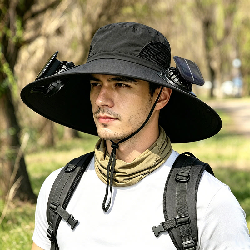 Solar-Powered Fan Sun Hat, Outdoor UV Protection Cap - black - Reinforced steel ring style - image 12