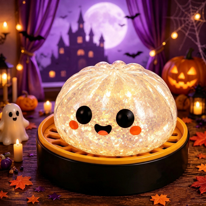 Halloween New Dumpling Stress Ball, Cute Ghost Pumpkin Dumpling Squishy Toys - White Glitter Smile Face - image 3