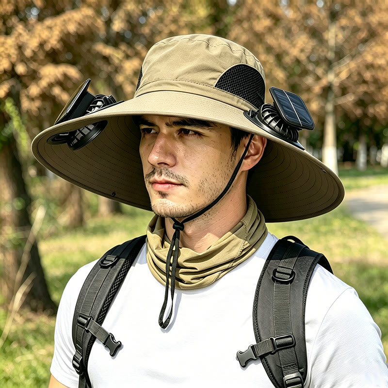 Solar-Powered Fan Sun Hat, Outdoor UV Protection Cap - Khaki - Reinforced steel ring style - image 15