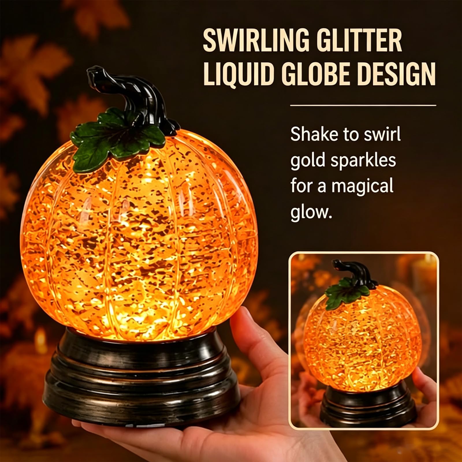 Glitter Lighted Pumpkin Snow Globe, Halloween Snow Globe Decor With Warm Orange Led Glow Thanksgiving Centerpiece, Seasonal Gift - image 3