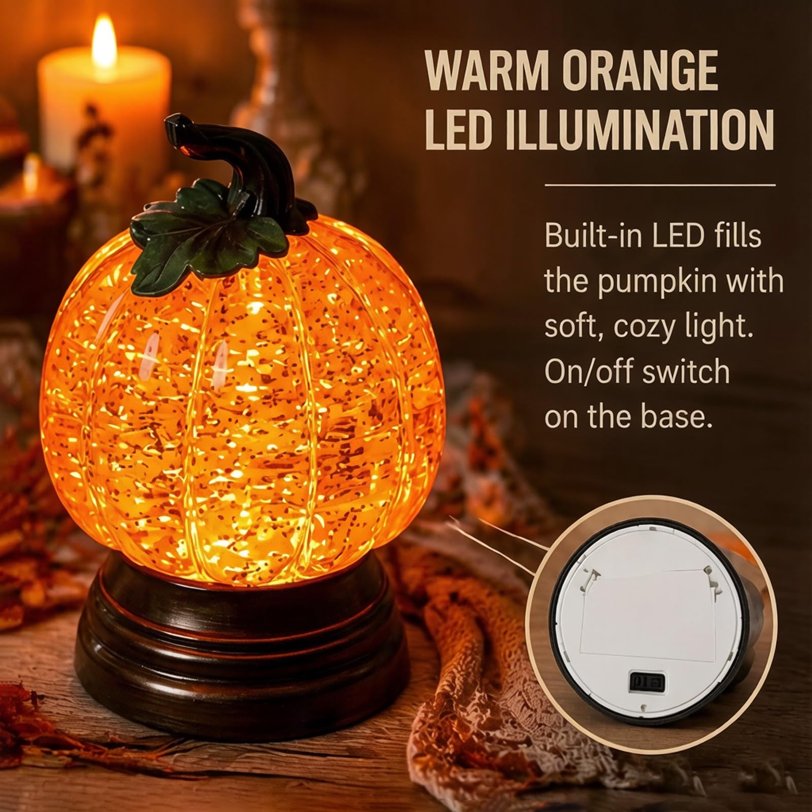 Glitter Lighted Pumpkin Snow Globe, Halloween Snow Globe Decor With Warm Orange Led Glow Thanksgiving Centerpiece, Seasonal Gift - image 4