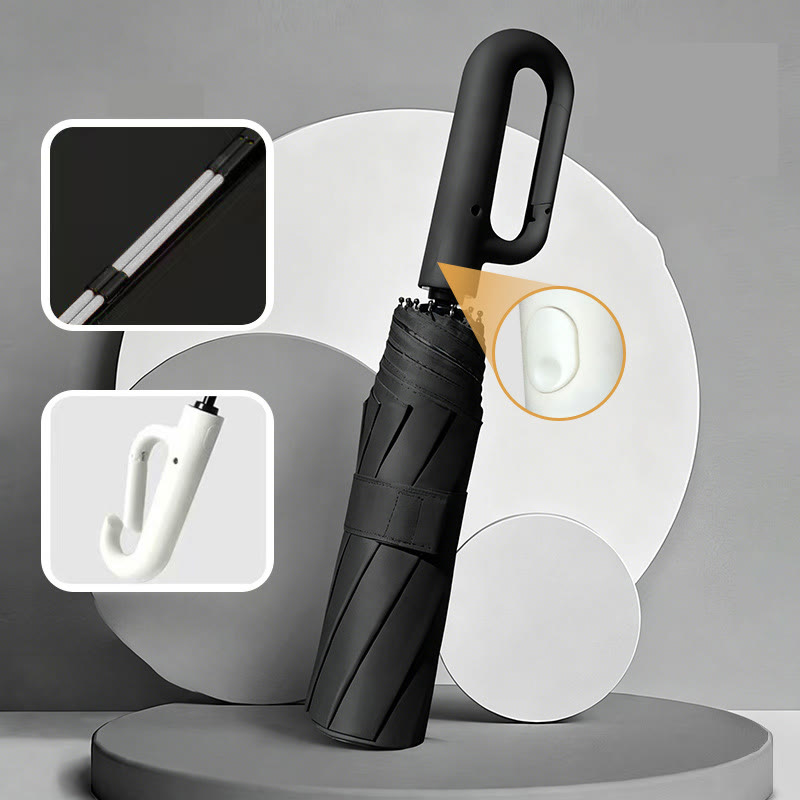 Automatic Folding Umbrella Hook Handle Windproof Umbrella - Black - image 10