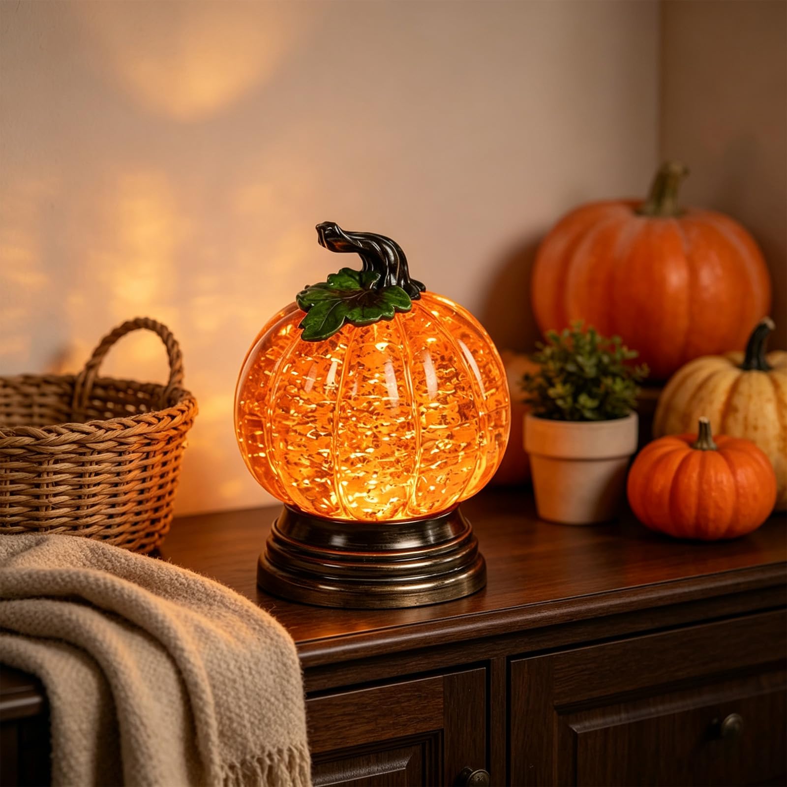 Glitter Lighted Pumpkin Snow Globe, Halloween Snow Globe Decor With Warm Orange Led Glow Thanksgiving Centerpiece, Seasonal Gift - image 8