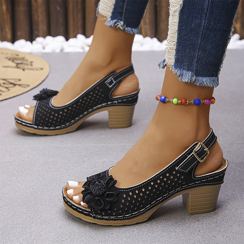 Elegant 3d Flower  Peep-toe Woven Cutout Sandals - Black - US 11 (43) - image 7