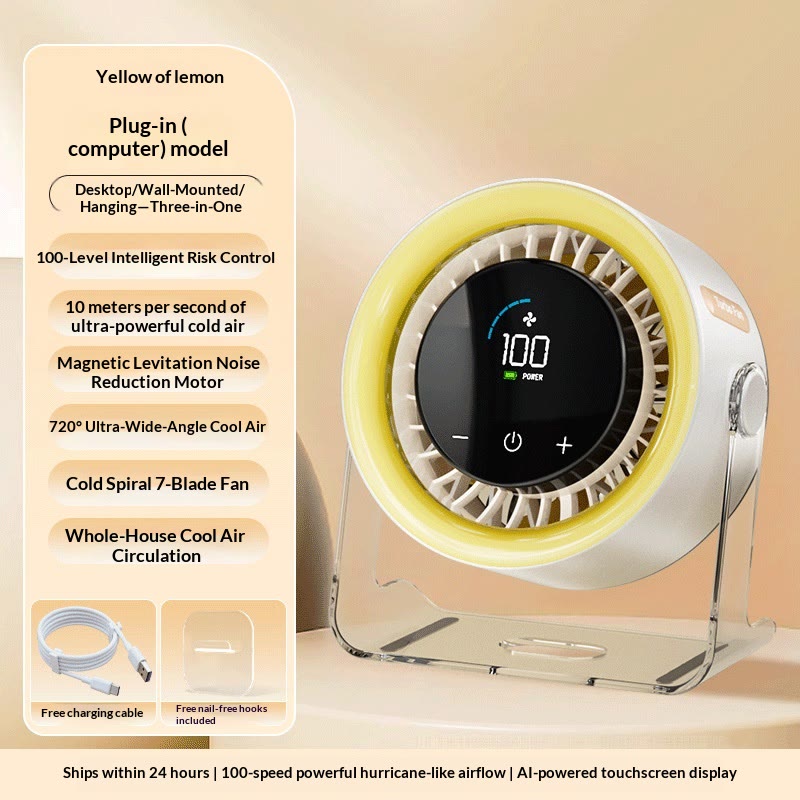 Turbo Desk Fan, 100-Speed Quiet Rechargeable Fan with Digital Display - Yellow [Plug-in Version] - 17.4*8.4*19cm - image 13