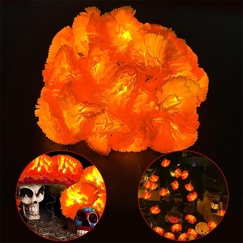 Artificial Marigold Flowers Home Decor Orange Fairy Curtain Lights Battery Operated - image 5