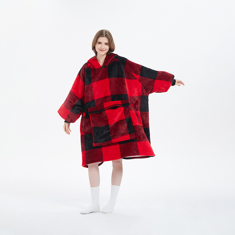Warm Super Soft Oversized Wearable Blanket Hoodie With Large Pocket - Red & Black Plaid - image 3