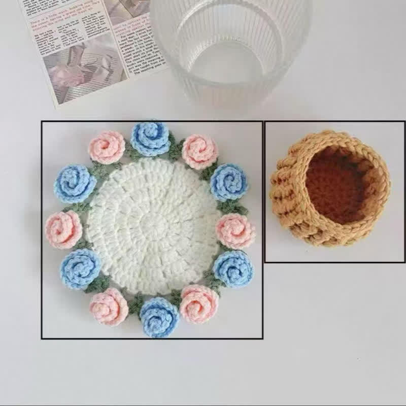 Crochet Flower Coaster & Basket - 💙💗 Blue & Pink Rose - image 8