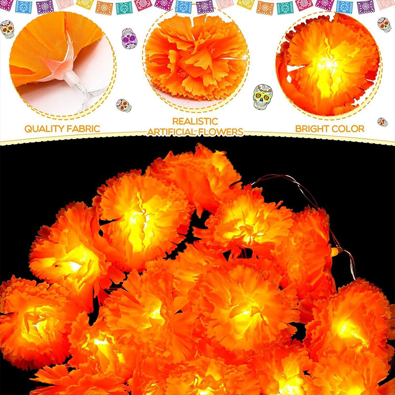Artificial Marigold Flowers Home Decor Orange Fairy Curtain Lights Battery Operated - image 6