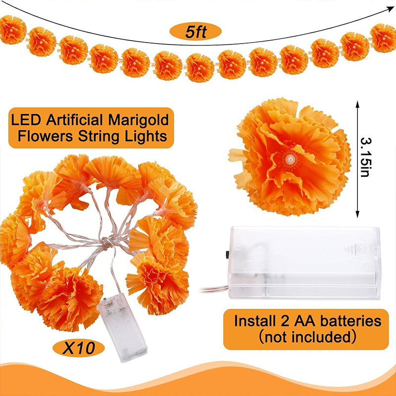 Artificial Marigold Flowers Home Decor Orange Fairy Curtain Lights Battery Operated - Orange - 1.5 m String Light – 10 LEDs (Steady Glow) - image 3