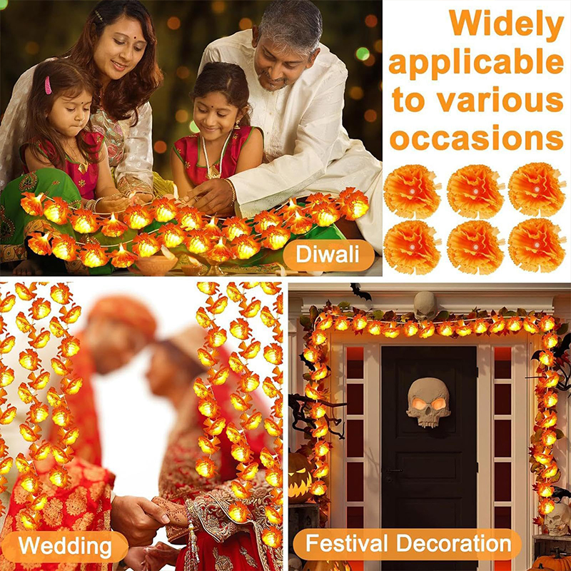Artificial Marigold Flowers Home Decor Orange Fairy Curtain Lights Battery Operated - image 8