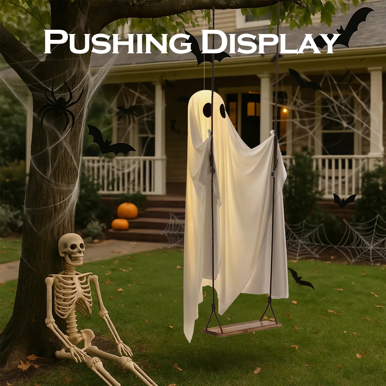 🔥Last Day 69% OFF🔥5FT Giant Lighted Halloween Ghost Swing – Create A Spooky Yard Scene 