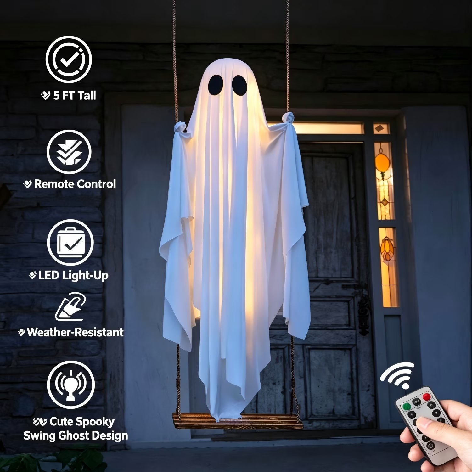 🔥Last Day 69% OFF🔥5FT Giant Lighted Halloween Ghost Swing – Create A Spooky Yard Scene 