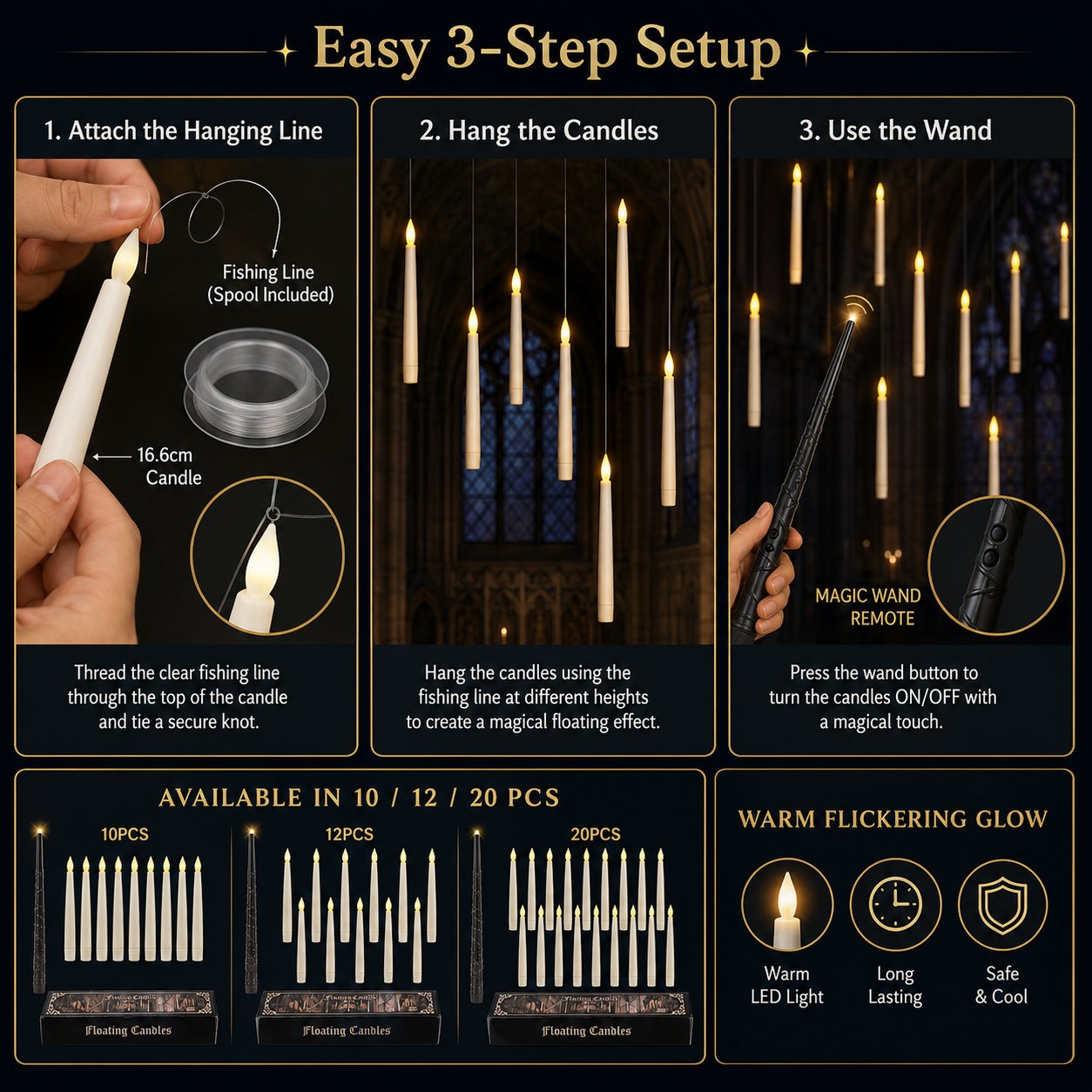 Floating LED candle setup and hanging line instructions