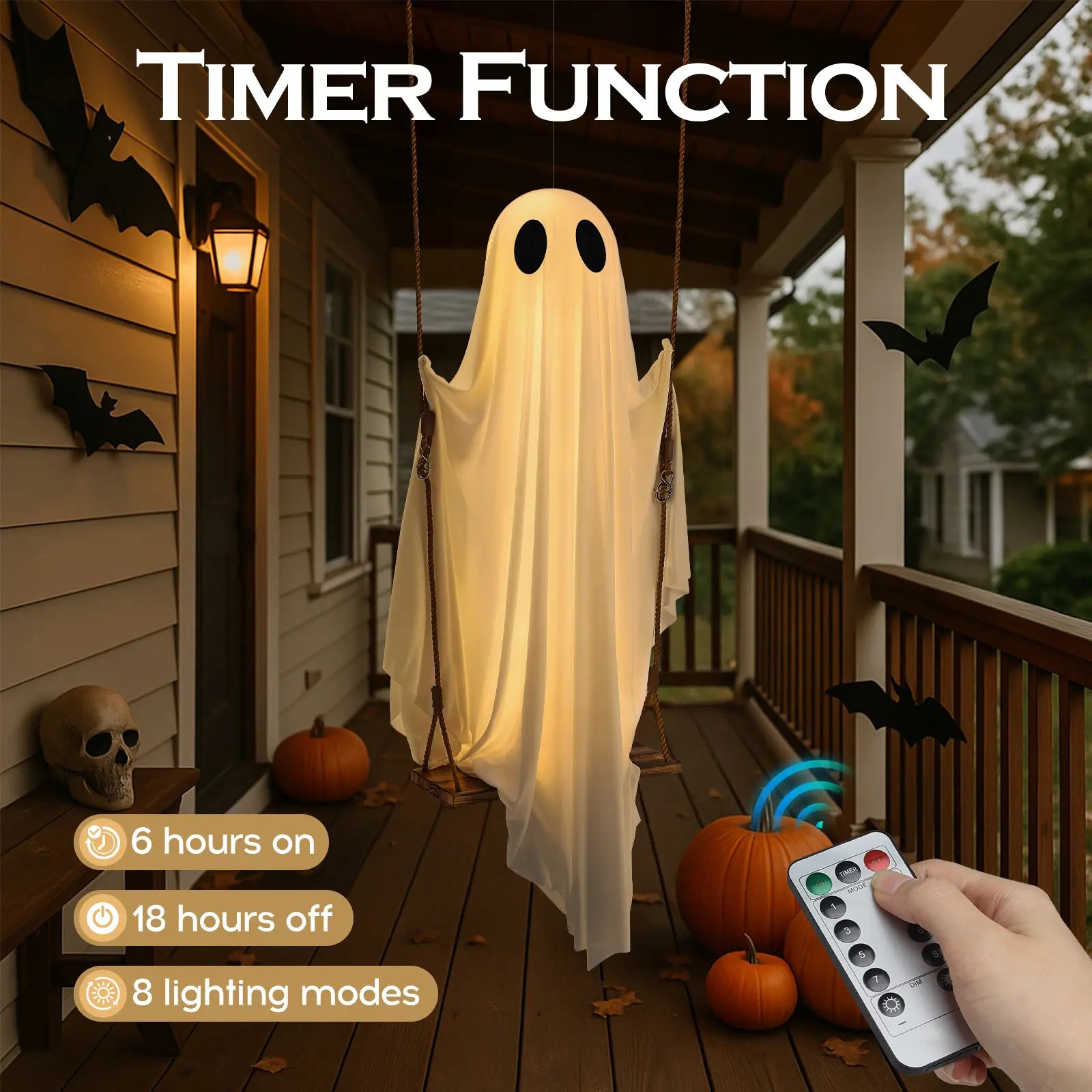 🔥Last Day 69% OFF🔥5FT Giant Lighted Halloween Ghost Swing – Create A Spooky Yard Scene 