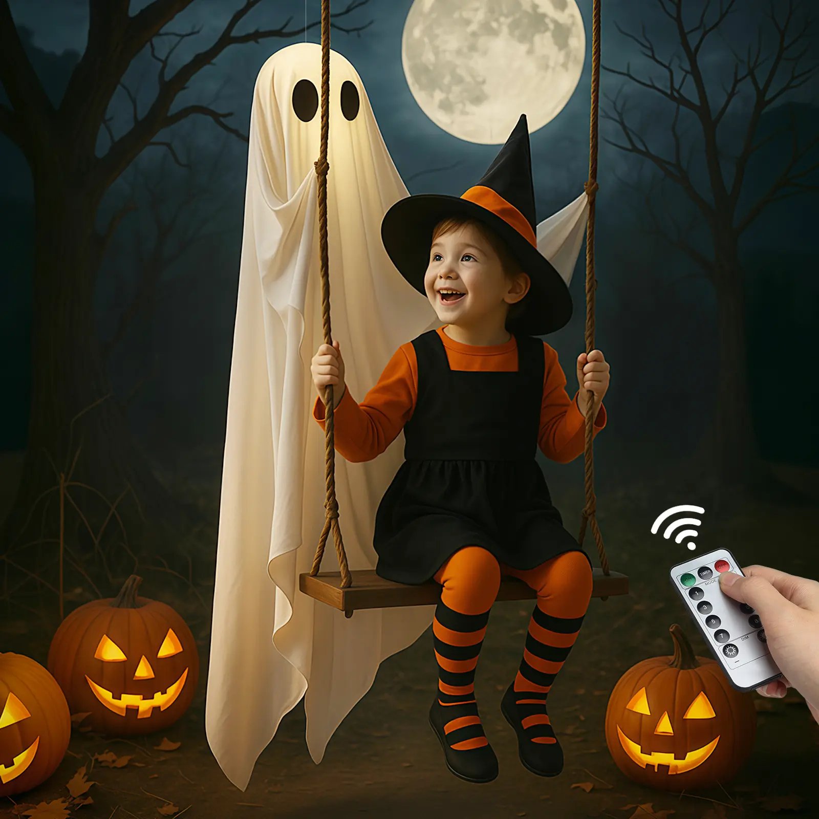 🔥Last Day 69% OFF🔥5FT Giant Lighted Halloween Ghost Swing – Create A Spooky Yard Scene 