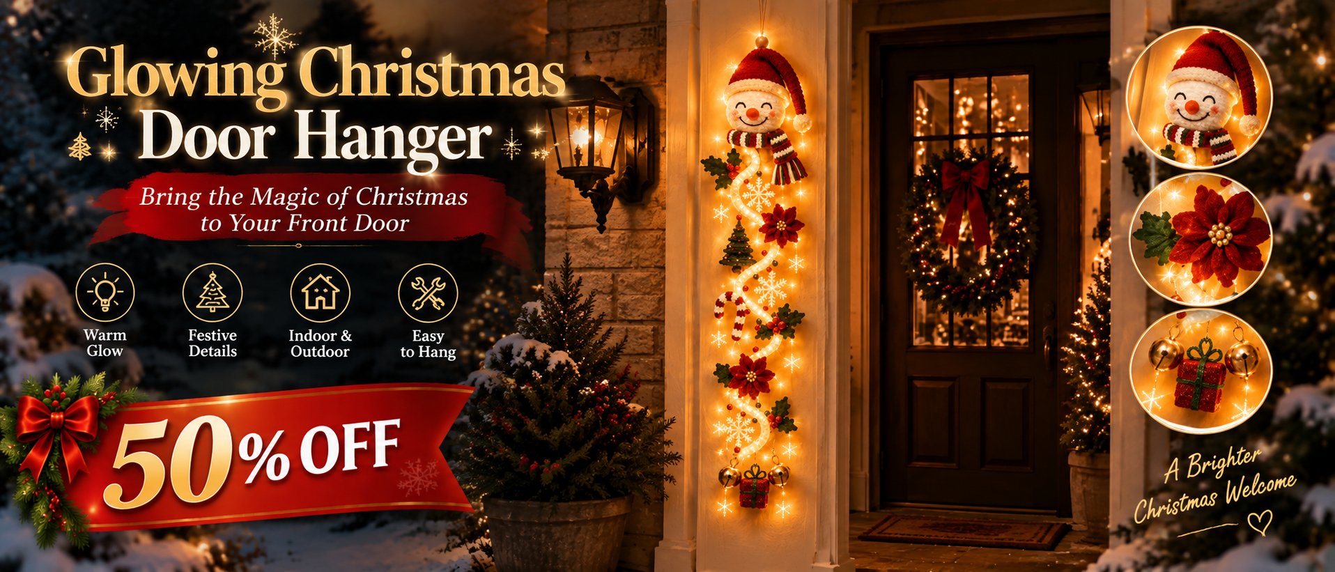 🎄MerryCascade Glowing Christmas Door Hanger | 6 Festive Lighted Designs with Warm Glow, Dimensional Details & Space-Saving Vertical Décor ✨