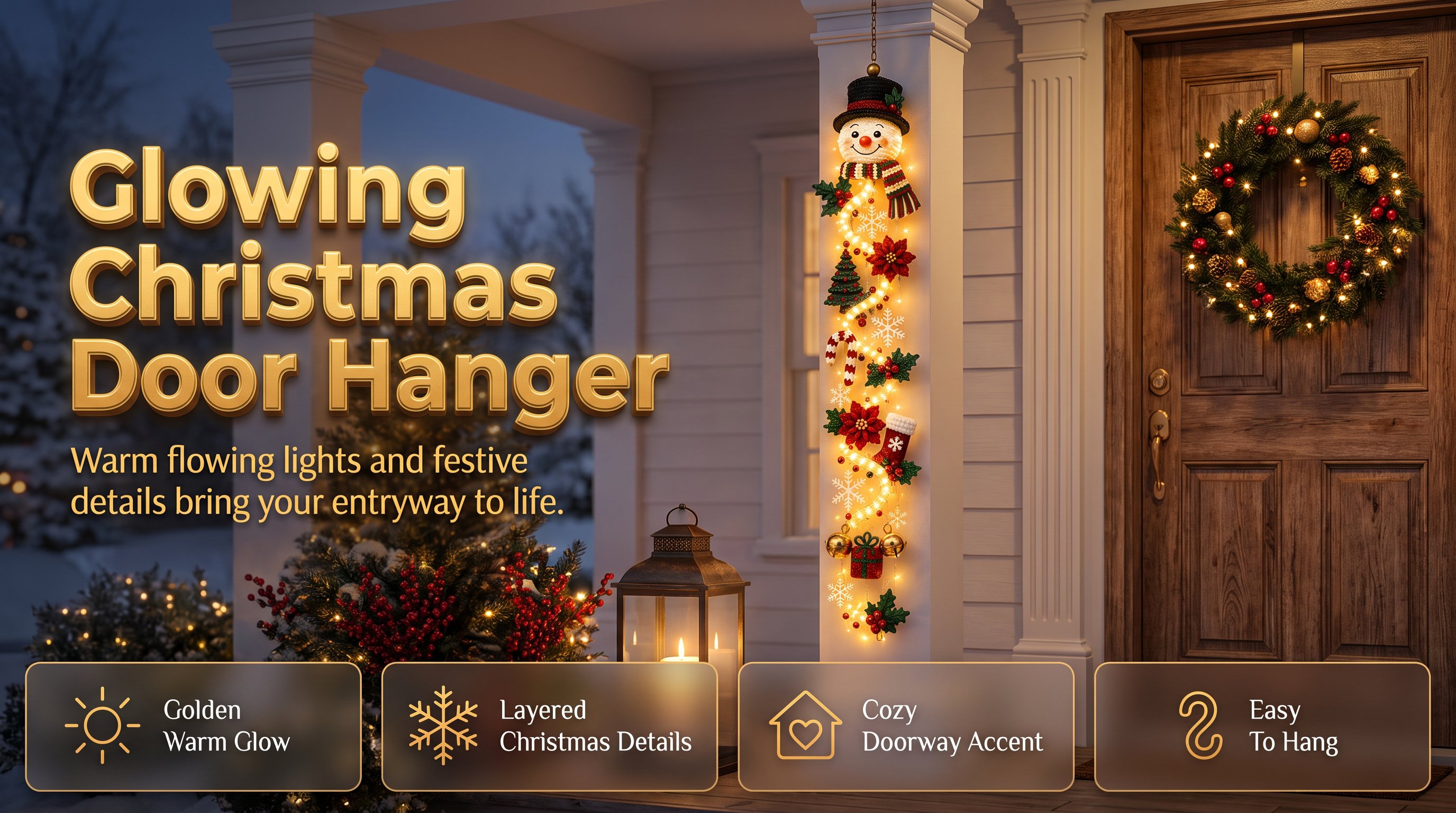 🎄MerryCascade Glowing Christmas Door Hanger | 6 Festive Lighted Designs with Warm Glow, Dimensional Details & Space-Saving Vertical Décor ✨