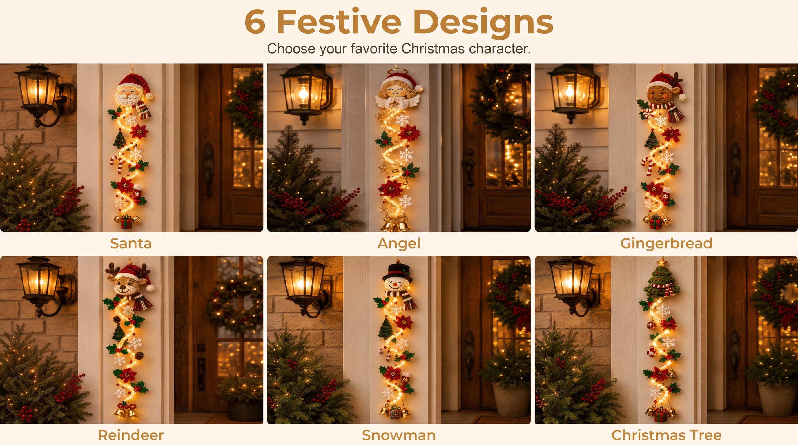 🎄MerryCascade Glowing Christmas Door Hanger | 6 Festive Lighted Designs with Warm Glow, Dimensional Details & Space-Saving Vertical Décor ✨