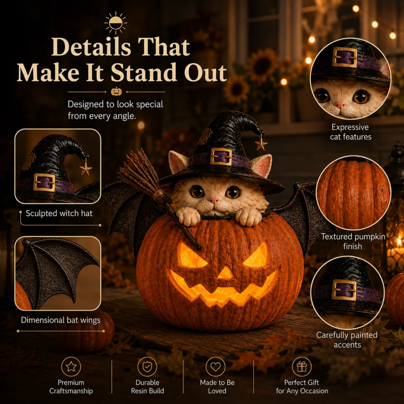 🔥Halloween Early Bird Sale🎃Summerween Lighted Witch Cat Pumpkin Decor with Flickering LED Timer