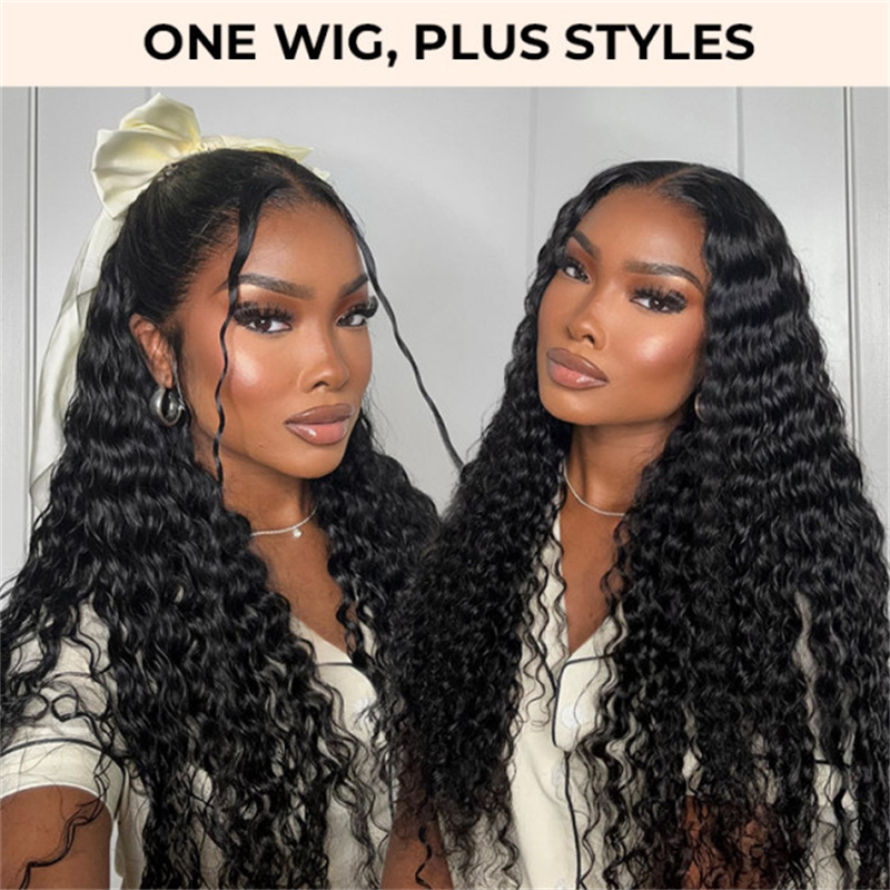 Jet Black Deep Wave Lace Frontal Wig for Women, Natural Looking Black Wavy Wig with Pre-Plucked Hairline