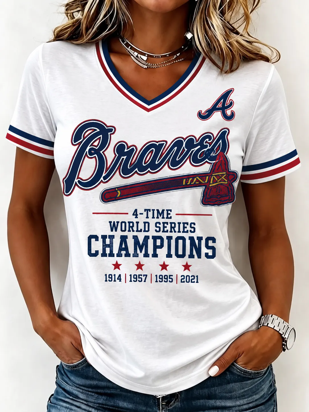 Women's V-Neck Baseball Tee - Premium Cotton Blend, Retro Sports Graphic Print, Relaxed Fit Casual T-Shirt