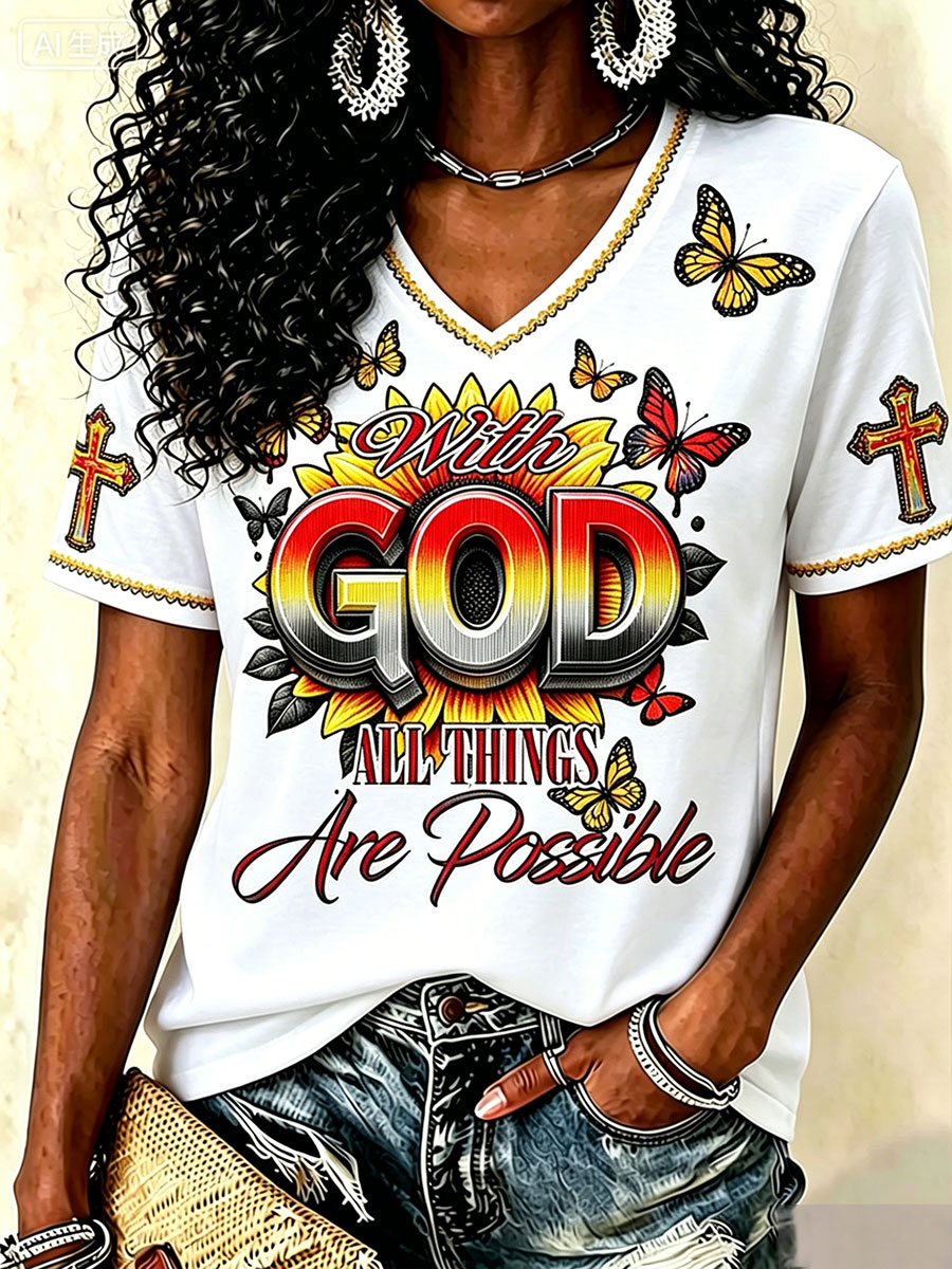 Women's 'With God All Things Are Possible' Christian V-neck T-shirts