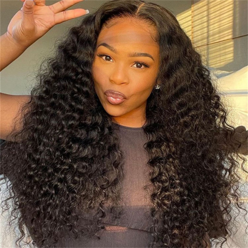 Jet Black Deep Wave Lace Frontal Wig for Women, Natural Looking Black Wavy Wig with Pre-Plucked Hairline