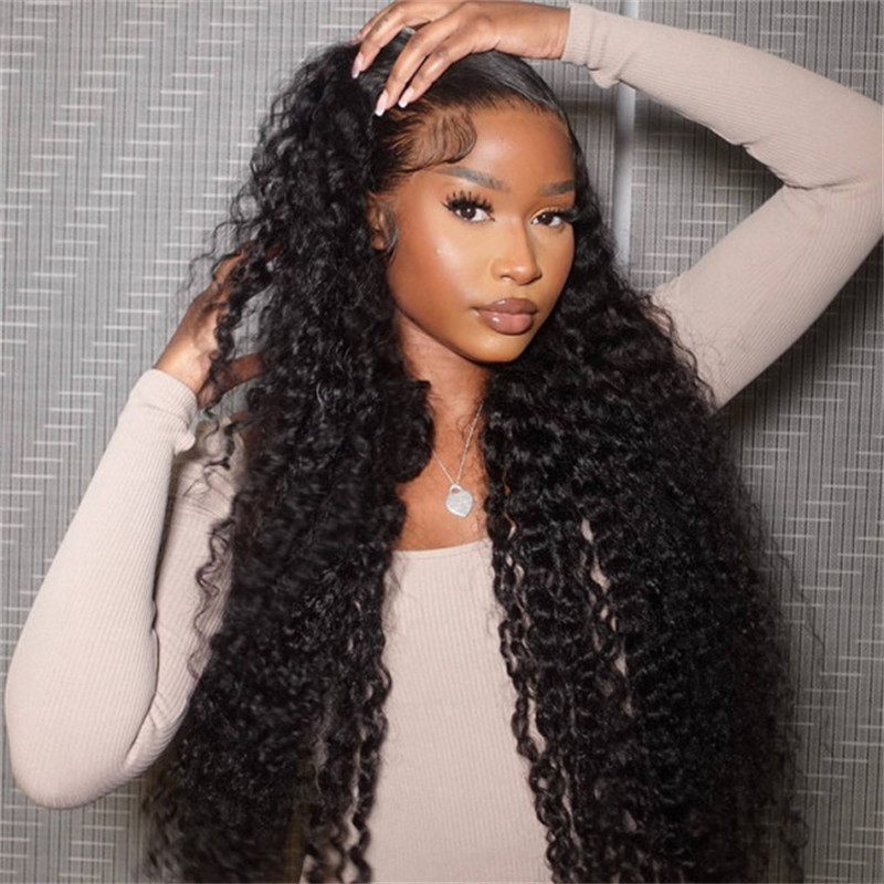 Jet Black Deep Wave Lace Frontal Wig for Women, Natural Looking Black Wavy Wig with Pre-Plucked Hairline