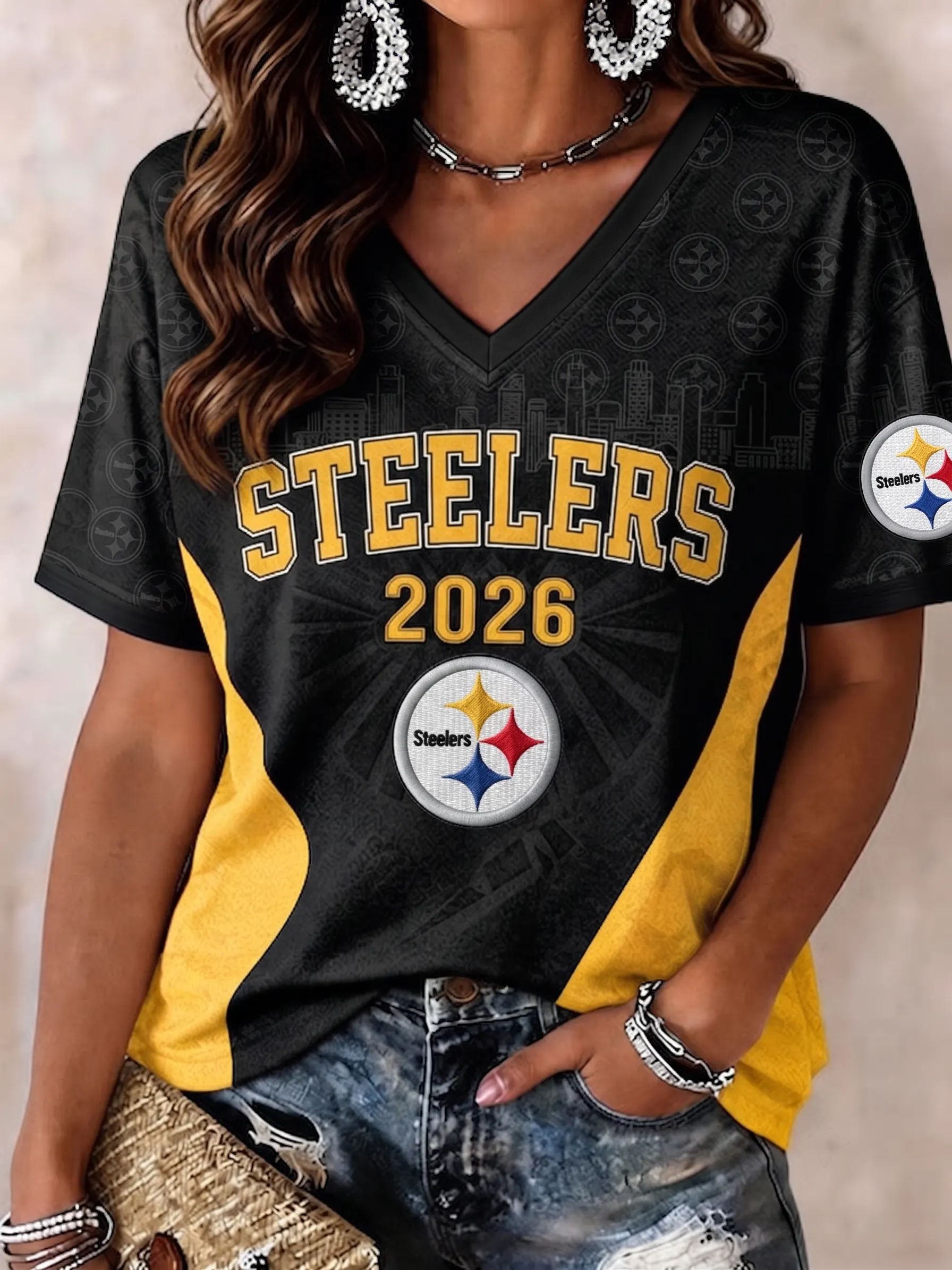 Women's Casual Football   Print V-Neck T-shirt