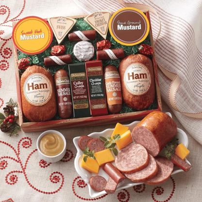 Assorted Ham, Summer Sausages, Mini Beef Sticks, Cheese Bars and Wedges, Mustards, and Candies, Cheese