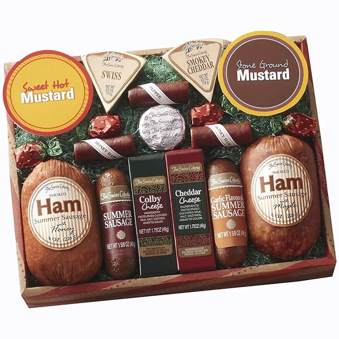 Assorted Ham, Summer Sausages, Mini Beef Sticks, Cheese Bars and Wedges, Mustards, and Candies, Cheese