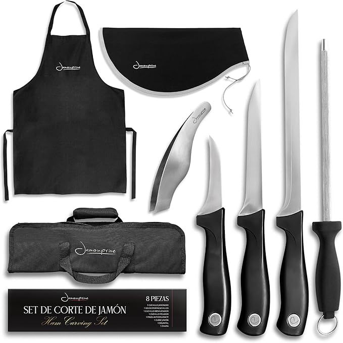 Iberico Ham Set with Ham Carving Knife, Boning Knife, Paring Knife, Knife Steel, Apron, Cover and Jamon Serrano Tongs - Slicing Knife for Meat Cutting - Chef Knife Set With Bag - Serrano Ham Knife