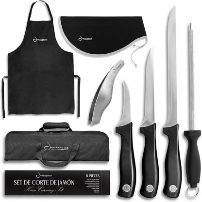Iberico Ham Set with Ham Carving Knife, Boning Knife, Paring Knife, Knife Steel, Apron, Cover and Jamon Serrano Tongs - Slicing Knife for Meat Cutting - Chef Knife Set With Bag - Serrano Ham Knife