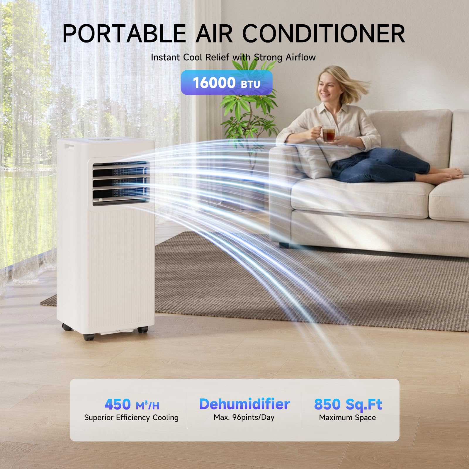 Portable Air Conditioners 16,000 BTU 5-in-1 Air Conditioner Portable Up to 850 Sq.Ft., Portable AC Unit with Cool, Fan, Dehumidifier, 24H Timer, Sleep Smart WiFi Remonte Installation Kit Included-NYpeak