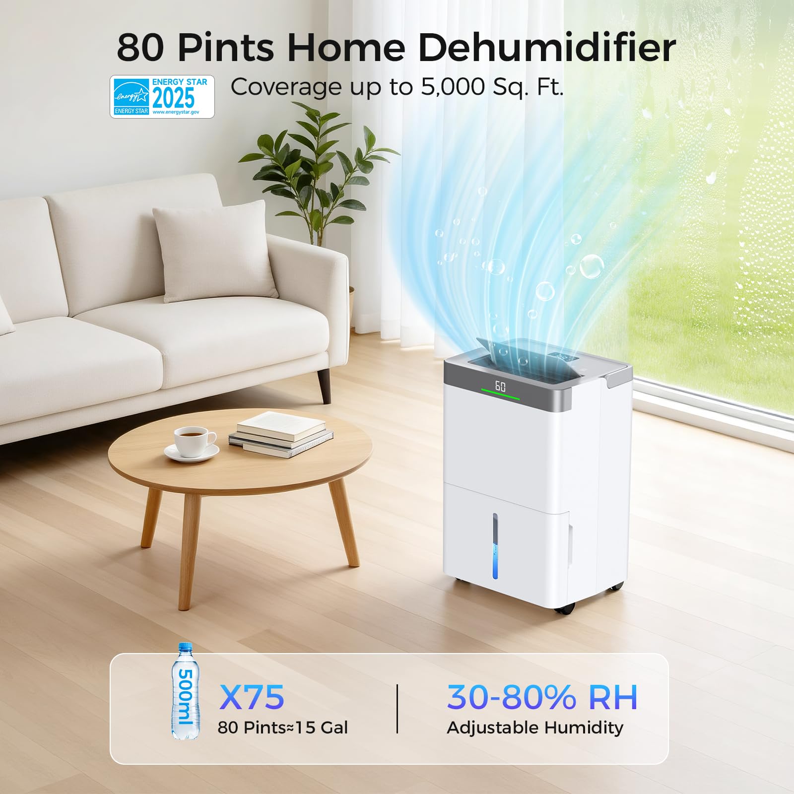Max 80 Pints Dehumidifier Energy Star Most Efficient 2025 Smart Humidistat up to 5000 Sq.Ft with Drain Hose, Large Water Tank, WiFi Control, 24H Timer Dehumidifier for Basement,Bedroom,Home,Bathroom-NYpeak