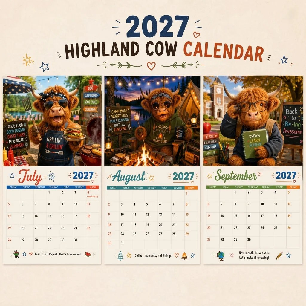 2027 Funny Highland Cow Wall Calendar | A4 Hanging Calendar