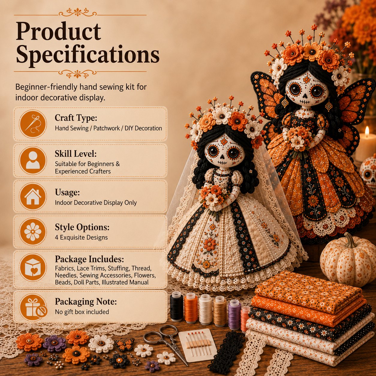 Day of the Dead Patchwork Doll DIY Sewing Kit – Handmade Fabric Doll Making Kit with Floral Details