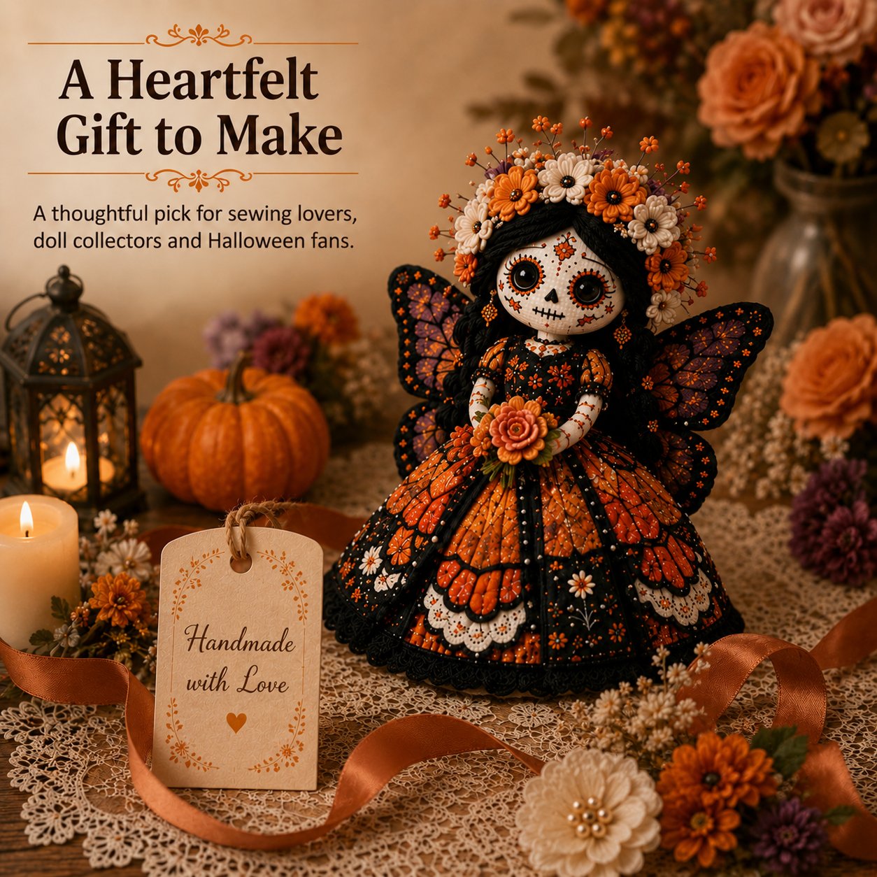Day of the Dead Patchwork Doll DIY Sewing Kit – Handmade Fabric Doll Making Kit with Floral Details