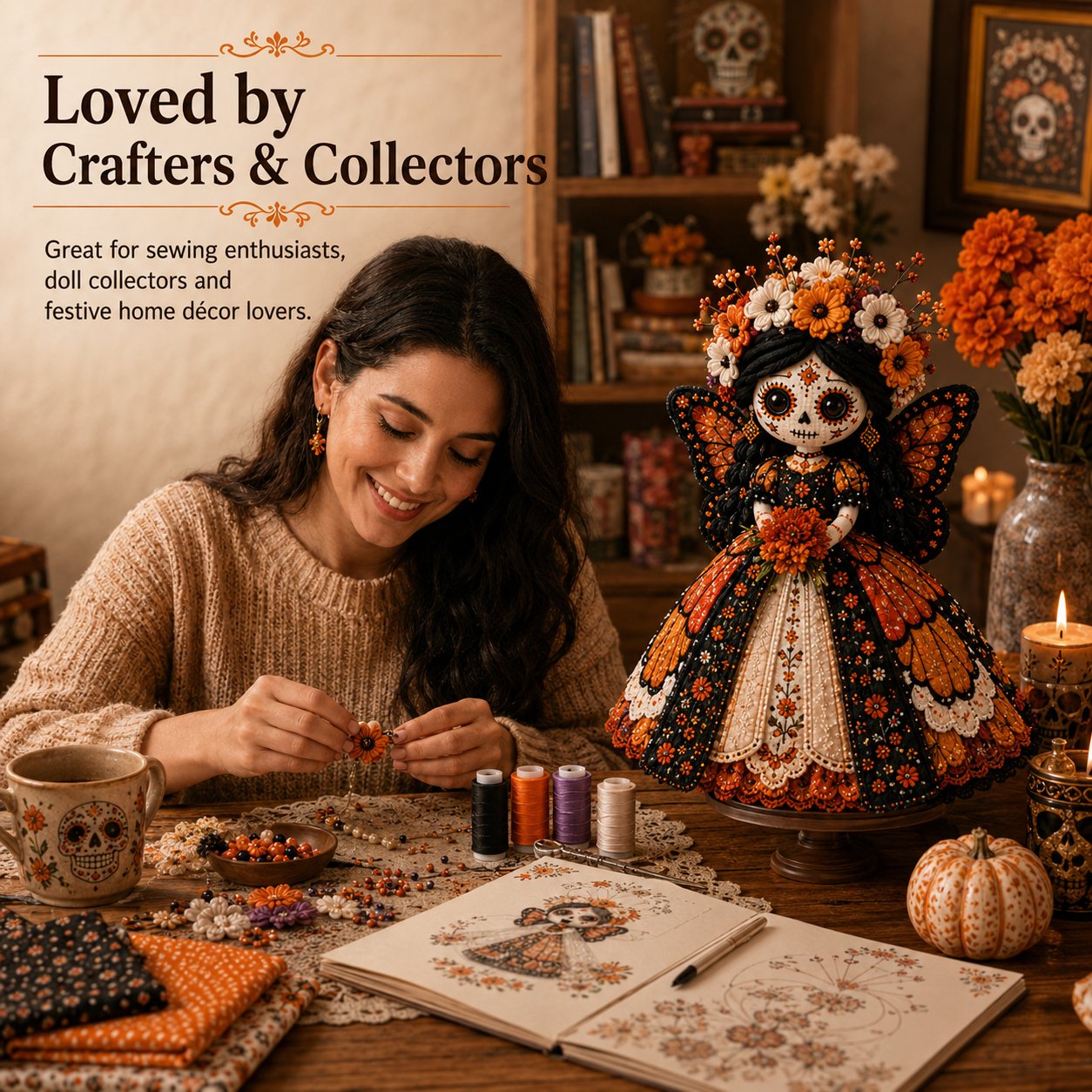 Day of the Dead Patchwork Doll DIY Sewing Kit – Handmade Fabric Doll Making Kit with Floral Details