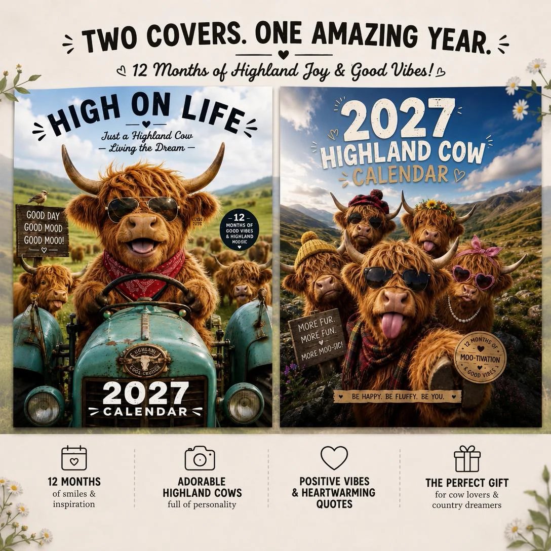 2027 Funny Highland Cow Wall Calendar | A4 Hanging Calendar